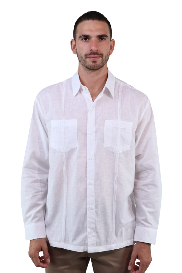 Guayabera Manga Larga Color Blanca Cuello Italiano Corte Clasico Para Caballero